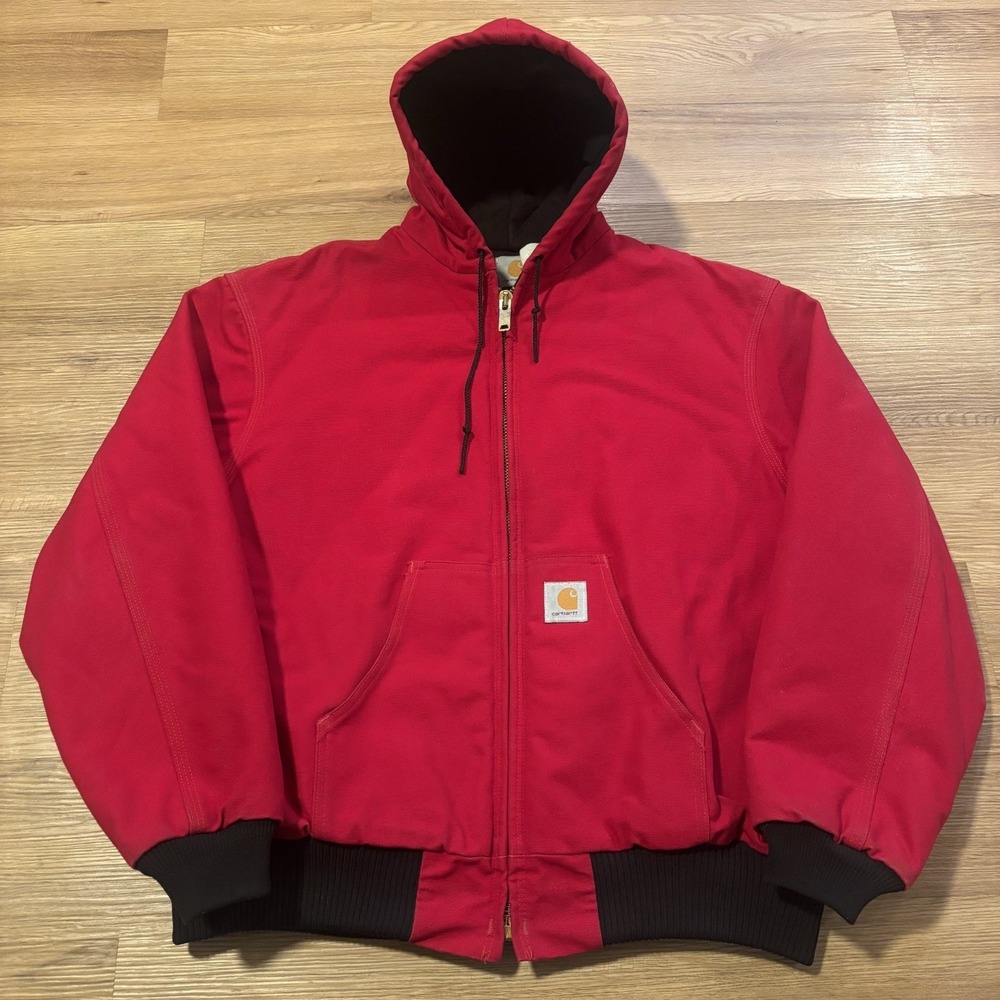 Vintage Carhartt Mens 2XL Active Jacket Red Quilt Hooded Duck Canvas JQ1000 J140